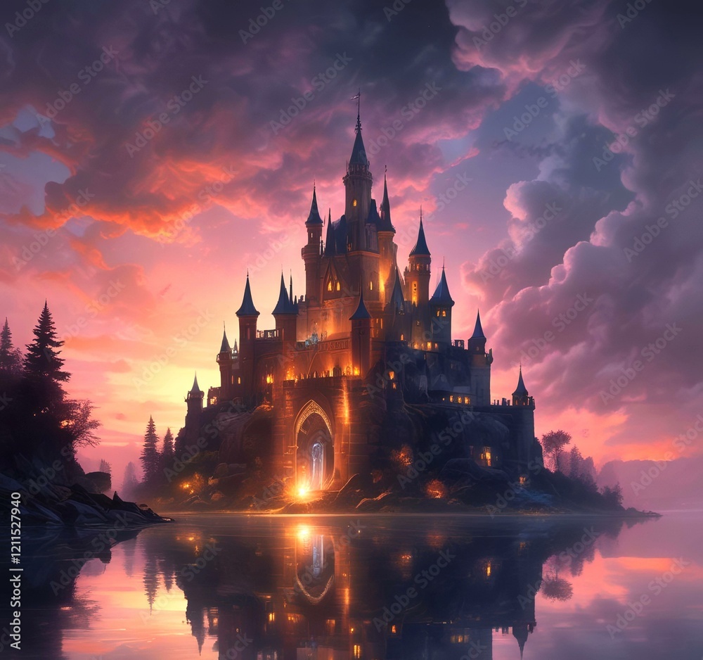Naklejka premium Illustration of glowing mystery tower castle in night.