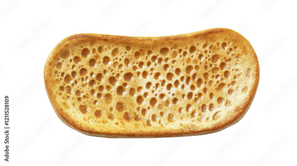 A close-up image of a single slice of golden brown bread with a visible porous texture and many small air bubbles. A close-up image of a single slice of golden brown bread with a visible porous texture and many small air bubbles.