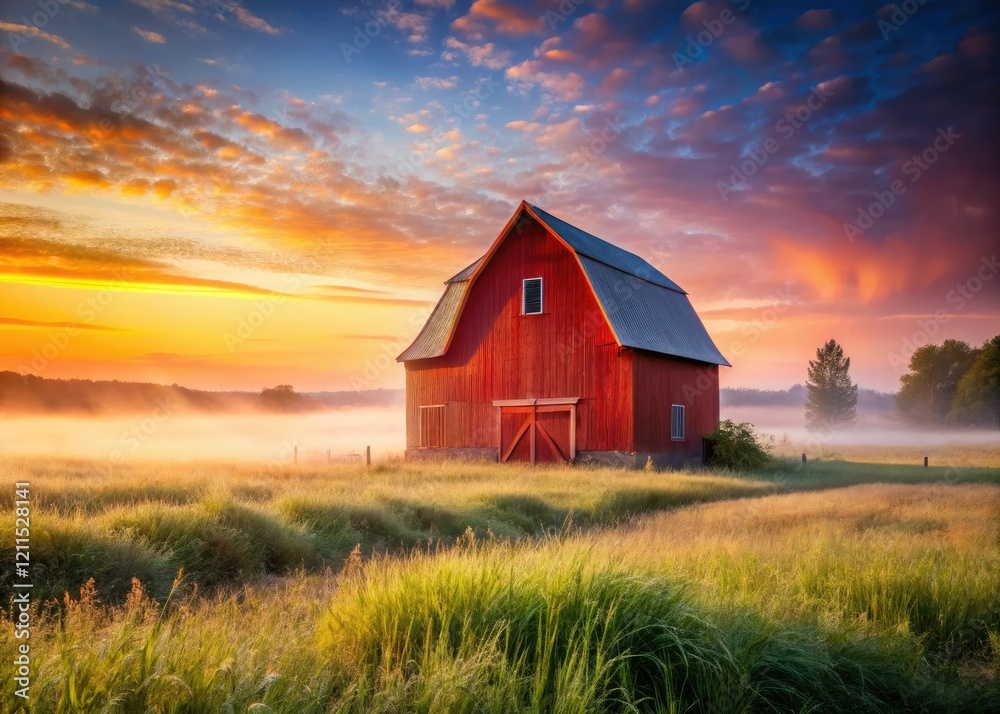 Misty dawn paints a red barn in foggy fields, a picturesque rural sunrise scene. Misty dawn paints a red barn in foggy fields, a picturesque rural sunrise scene.