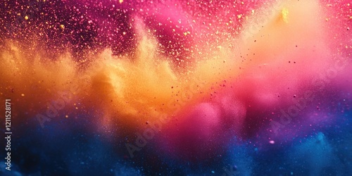 Vibrant explosion of multicolor powder in pink, orange, and blue hues, with dynamic texture and depth creating an energetic abstract background.