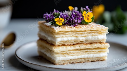 Elegant mille-feuille pastry with cream filling and edible flowers on a ceramic plate.