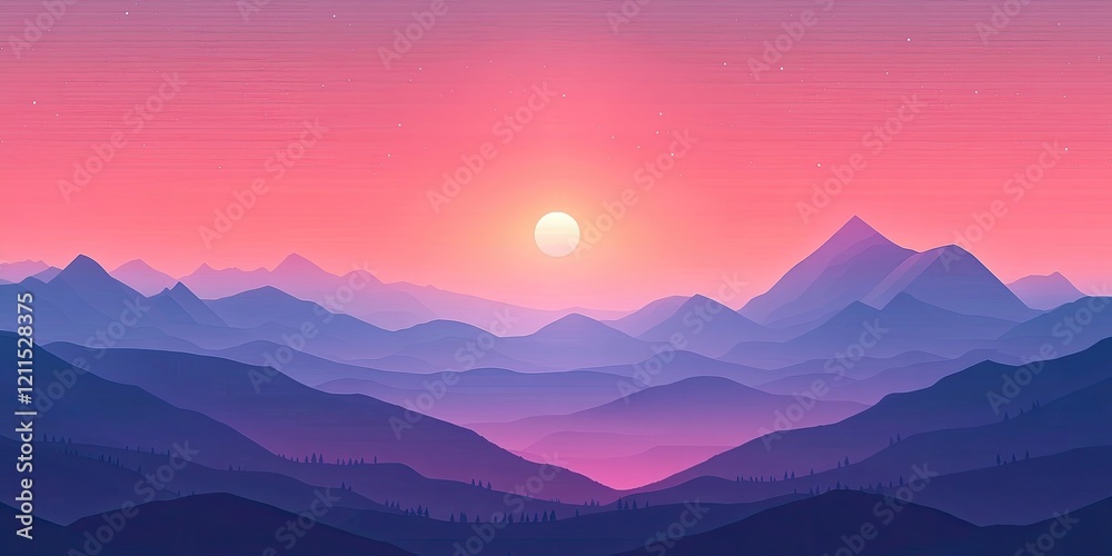Sunset landscape with gradient shades of pink and purple fading into blue mountains with a glowing sun positioned centrally in the sky. Sunset landscape with gradient shades of pink and purple fading into blue mountains with a glowing sun positioned centrally in the sky.