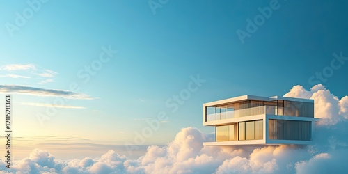 Modern architectural residence hovering amidst fluffy white clouds with a vibrant blue sky backdrop and soft golden sunlight casting warm tones.