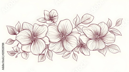 Elegant floral arrangement, line art drawing, white background, wedding invitation design