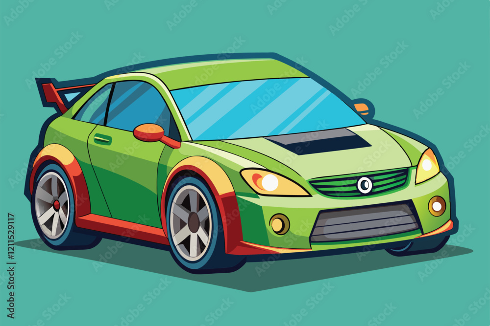 Fototapeta premium A hybrid car design features bright colors and customizable elements, appealing to eco-friendly enthusiasts Hybrid car Customizable Cartoon Illustration