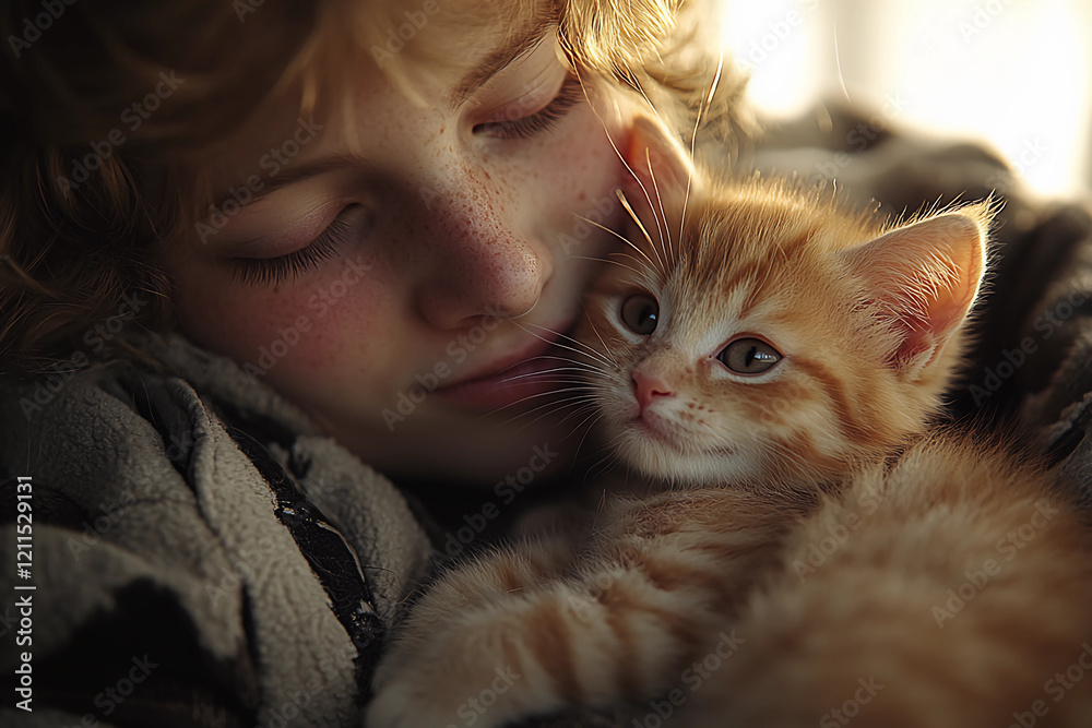 Joyful Connection: A Young Adult Finds Comfort and Companionship in a Playful Kitten, Captured in a Minimalist and Modern Interior Joyful Connection: A Young Adult Finds Comfort and Companionship in a Playful Kitten, Captured in a Minimalist and Modern Interior