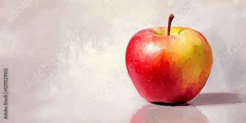 Vibrant red and yellow apple on a soft light gray background with subtle reflections showcasing a natural and fresh appearance. photo