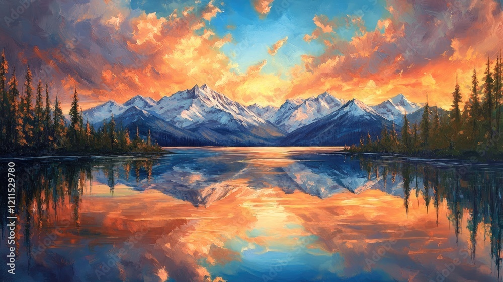 Fototapeta premium Tranquil lake reflection of snow-capped mountains, vibrant sunset painting the sky above