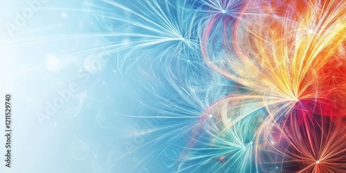 Colorful abstract holiday backdrop with vibrant fireworks in red orange and blue hues on the right side against a soft light blue background.