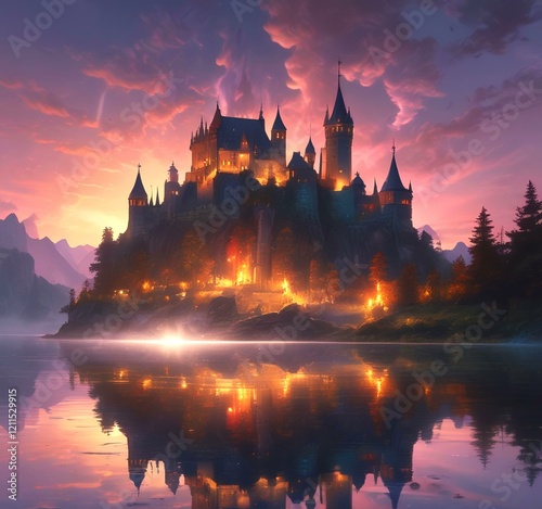 Illustration of glowing mystery tower castle in night. photo