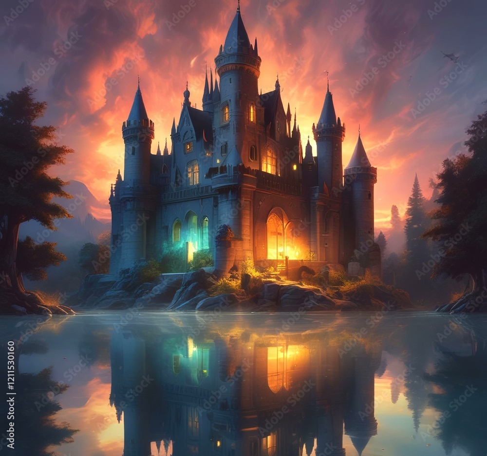 Fototapeta premium Illustration of glowing mystery tower castle in night.