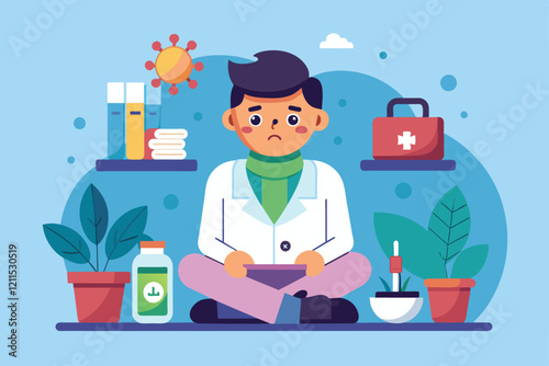 A concerned person sits on the floor with medical supplies and plants, seeking help in a calm environment Hypochondriac Customizable Semi Flat Illustration