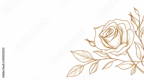 Elegant gold line art rose corner design, blank space for text, wedding invitation background