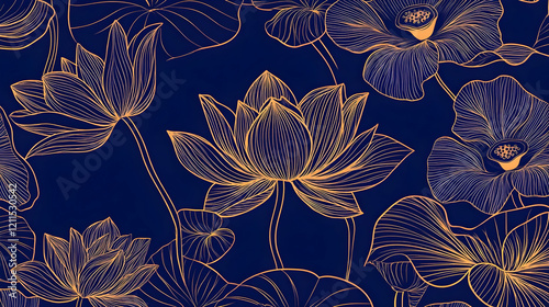 Elegant gold lotus flower pattern on dark blue background, ideal for textile design or wallpaper