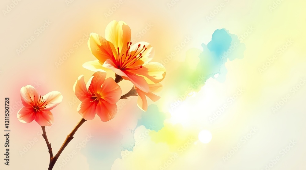 Naklejka premium Soft hues blend in the background as vibrant cherry blossoms open, inviting the warmth of spring. Their delicate beauty captures the essence of nature's renewal