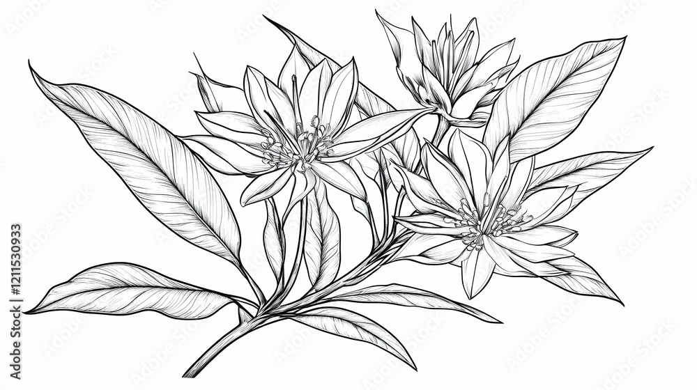 Naklejka premium Elegant hand-drawn citrus blossom branch, isolated on white; botanical illustration for design, print, or packaging