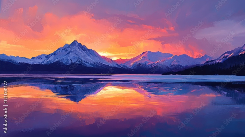 Vibrant sunset over tranquil waters mirroring snow-covered peaks, a serene landscape view Vibrant sunset over tranquil waters mirroring snow-covered peaks, a serene landscape view