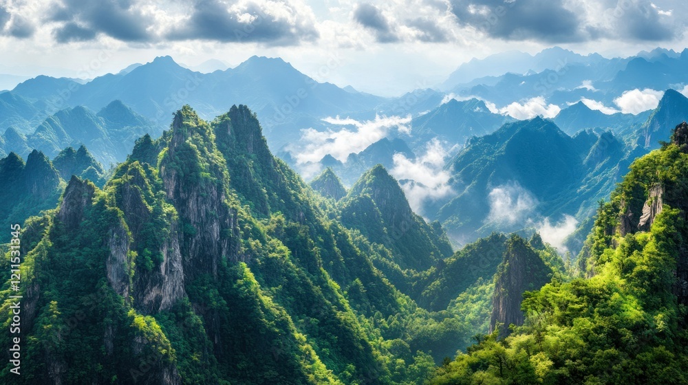 Fototapeta premium A dramatic Chinese mountain vista with bold brushstrokes, showing clouds weaving between towering peaks and creating a dreamlike atmosphere, hyperrealistic 4K