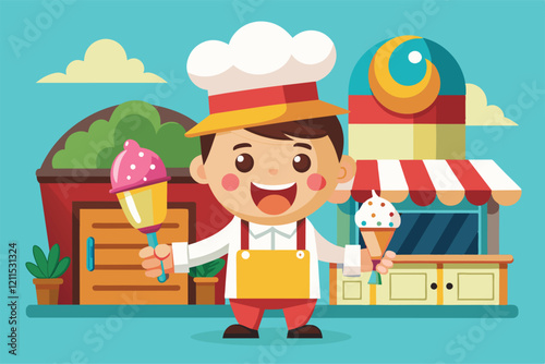 An ice cream vendor smiles brightly while holding a scoop and a cone outside a colorful shop Ice cream seller Customizable Cartoon Illustration