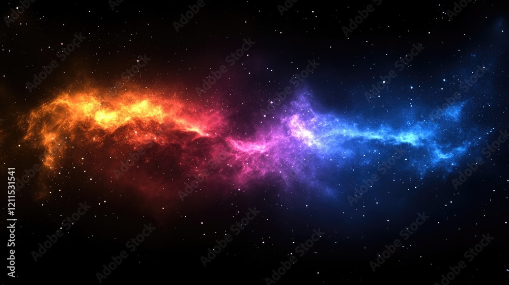 Fototapeta premium Bright hues of orange, pink, and blue merge seamlessly in a cosmic dance amidst stars, inviting viewers to explore the mysteries of the universe's beauty