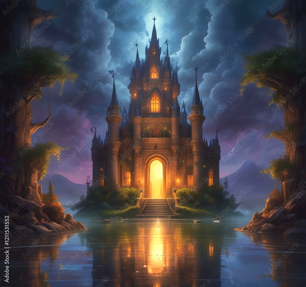 Fototapeta premium Illustration of glowing mystery tower castle in night.