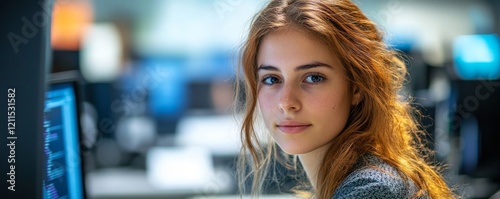 Programmer Woman Coding On Multiple Computers Generative AI