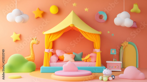 Wallpaper Mural Bright kids room with canopy bed, soft toys, and cheerful decor. playful atmosphere features colorful clouds, stars, and friendly giraffe, creating joyful space for children Torontodigital.ca