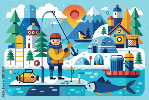 A person fishes on a frozen lake, enjoying the peaceful winter landscape under a bright sun Ice fishing Customizable Disproportionate Illustration