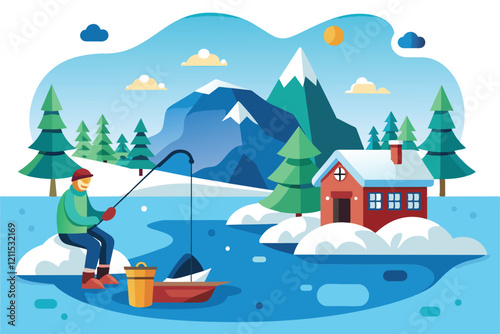A person enjoys ice fishing on a frozen lake surrounded by snow-draped mountains and evergreens Ice fishing Customizable Semi Flat Illustration