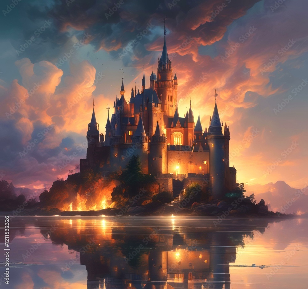 Naklejka premium Illustration of glowing mystery tower castle in night.