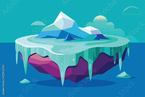 A glacier slowly melts, releasing water into the ocean under a bright sky Ice melting Customizable Flat Illustration