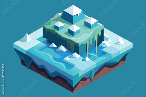 Melting ice flows down mountains, transforming the landscape into a vibrant, watery environment Ice melting Customizable Isometric Illustration