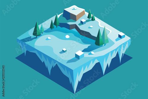 A customizable winter scene features melting ice, water bodies, and evergreen trees in an isometric view Ice melting Customizable Isometric Illustration