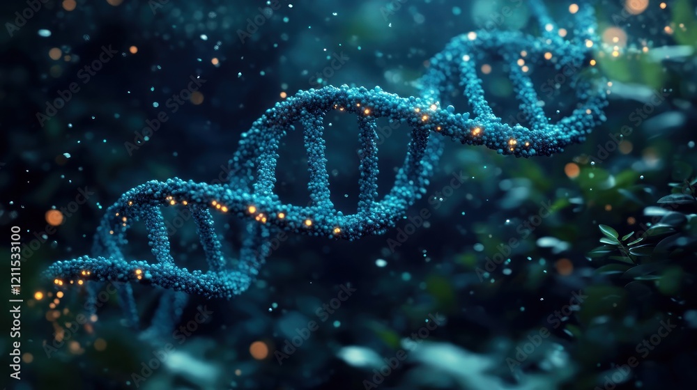 A vibrant depiction of a DNA double helix surrounded by ethereal particles and lush greenery A vibrant depiction of a DNA double helix surrounded by ethereal particles and lush greenery