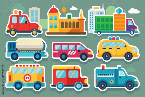 A variety of city vehicle stickers showcase different modes of urban transportation Icons or stickers with city vehicle for driving,