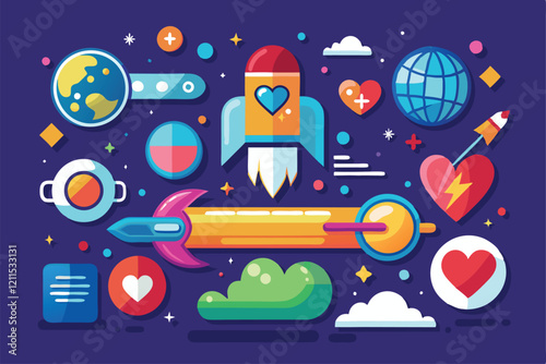 Vibrant icons display themes of space travel, health, and progress in a playful arrangement Icons of progress bar, stamina, spaceships, health hearts, planets,