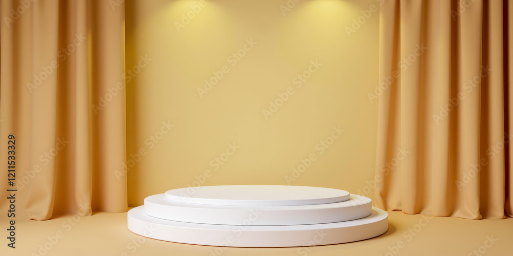 Round white podium on yellow background with curtains and bright lights. Minimal stage for product showcase or presentation Round white podium on yellow background with curtains and bright lights. Minimal stage for product showcase or presentation