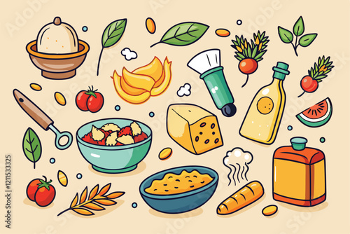 Hand-drawn macaroni icons are creatively arranged with fresh vegetables and kitchen tools Icons with different type of macaroni, Hand drawn cooking ingredients,