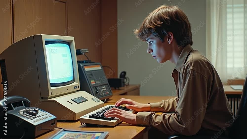 In the 1980s, a young professional works at a retro desk, deeply engaged with an early personal computer alongside rotary phone and floppy disks, highlighting technological evolution.
