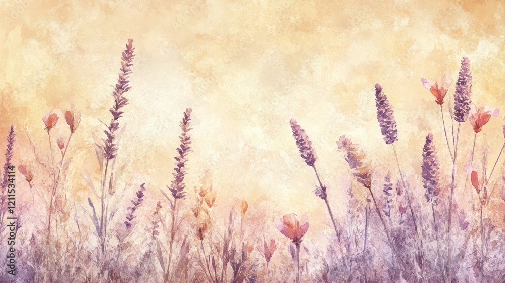 Fototapeta premium A minimalist watercolor artwork featuring soft washes of warm peach and lavender hues, blending naturally into a textured, neutral background, highly detailed 4K