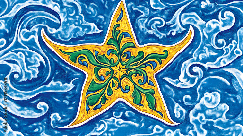 A star-shaped flag with gradient patterns in golden yellow, emerald green, and sky blue, symbolizing light and hope on a clear background A star-shaped flag with gradient patterns in golden yellow, emerald green, and sky blue, symbolizing light and hope on a clear background