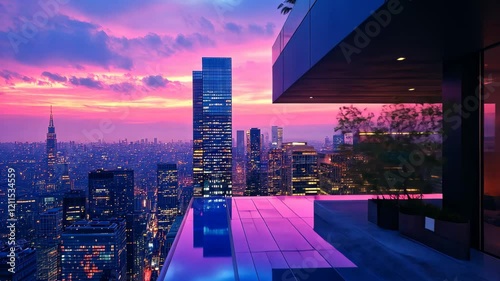 Stunning skyline view from a modern rooftop terrace during twilight in New York City with vibrant colors illuminating the horizon