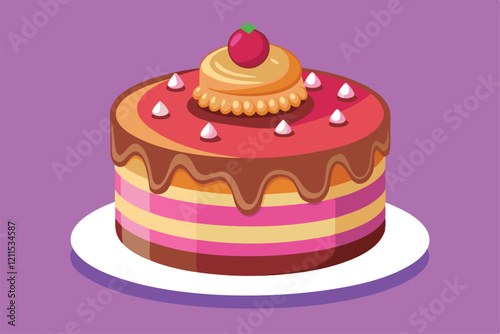 A beautifully decorated cake topped with cherries and cream, sitting on a white plate illustration of a cake