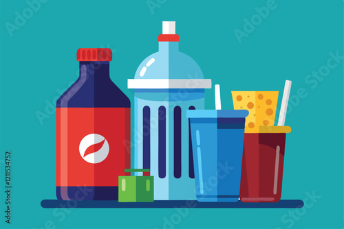A variety of drinks including a cola bottle, a bottle of water, and mixed beverages are displayed together Illustration of a cola bottle, glass bottle, and a waste garbage can,