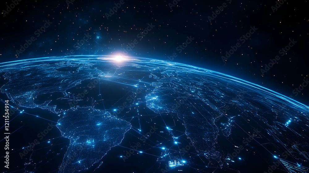 Obraz premium Global network connections, sunrise Earth, space background; website header