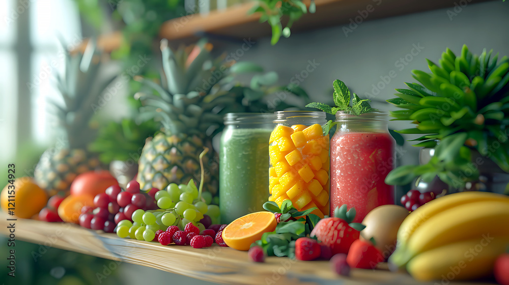 Fresh Green Smoothies with Vibrant Fruits Display Fresh Green Smoothies with Vibrant Fruits Display