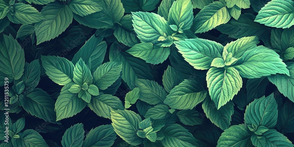 Fototapeta premium Lush green mint leaves densely layered on a dark background, showcasing intricate textures and varying shades of vibrant green hues.