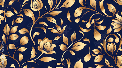 Golden floral pattern, navy blue background, elegant design, textile print photo