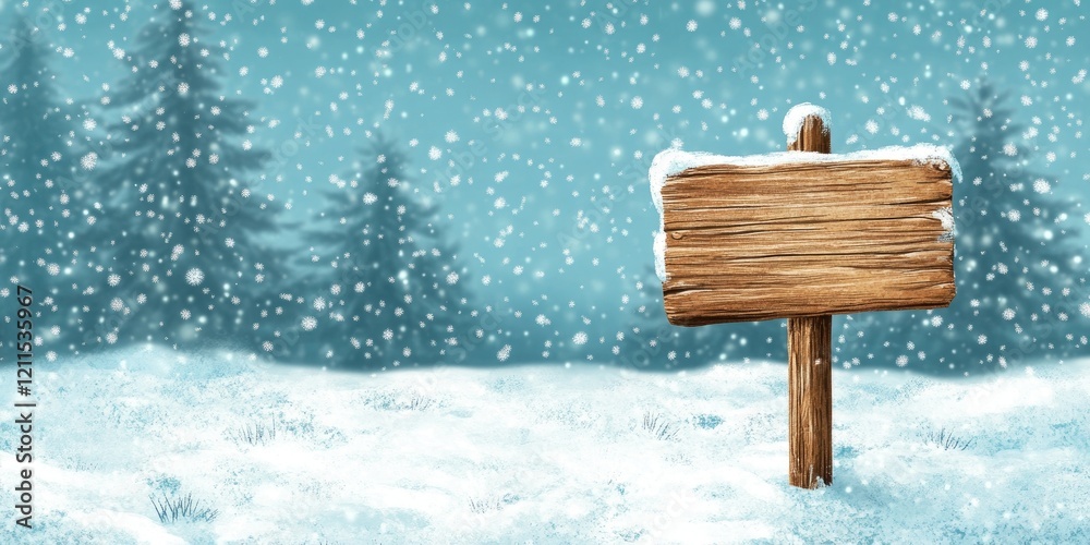 Fototapeta premium Wooden sign in snowy landscape with evergreen trees and falling snowflakes creates a serene holiday backdrop ideal for Christmas and New Year personalization