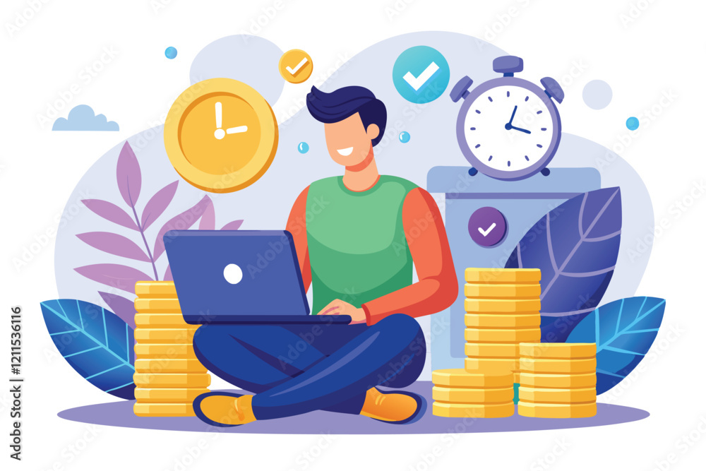 A man sits on the floor with a laptop, engaged in work amidst vibrant illustrations of time and finance Illustration of a woman sitting on a pile of data with a laptop A man sits on the floor with a laptop, engaged in work amidst vibrant illustrations of time and finance Illustration of a woman sitting on a pile of data with a laptop